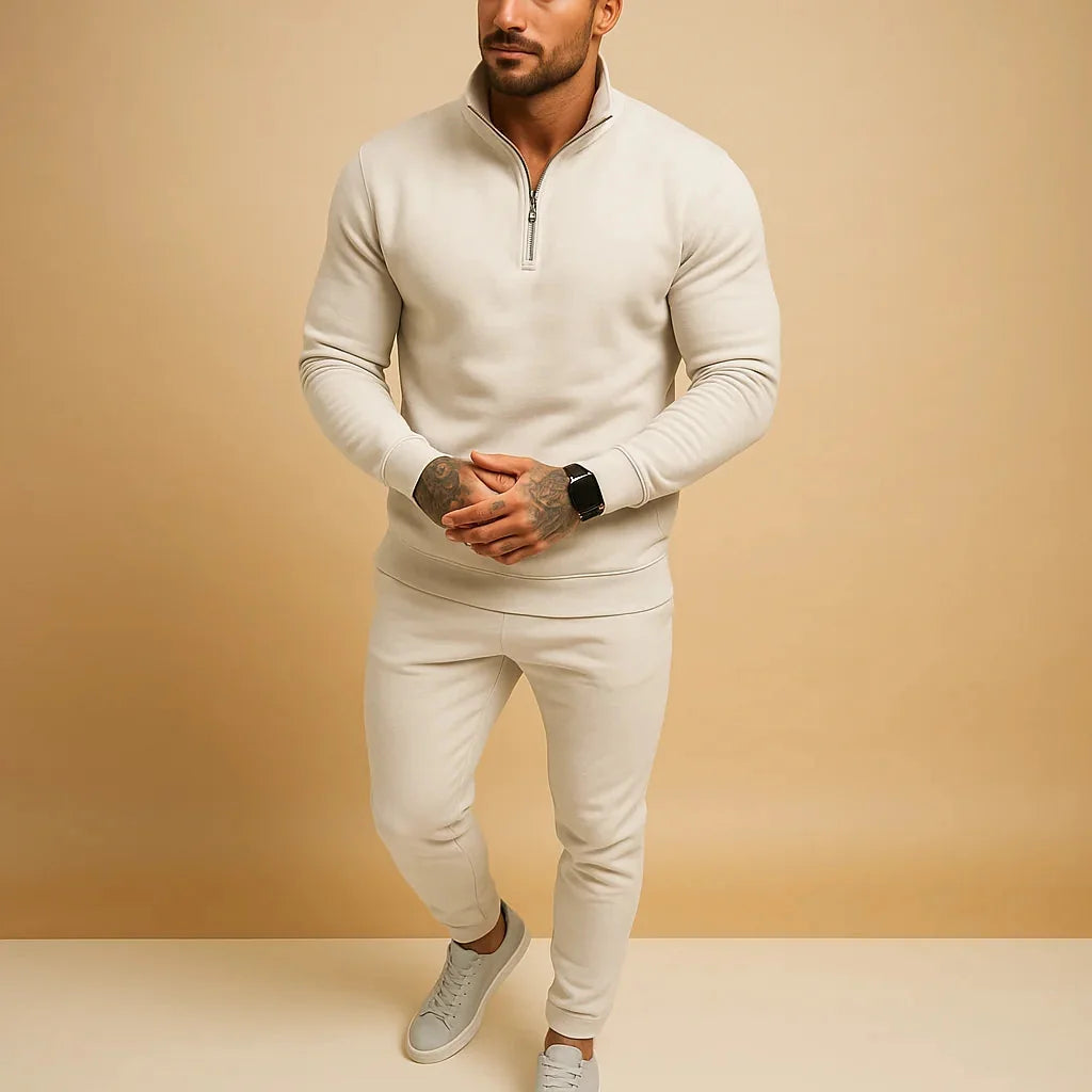 White Men's Athletic Tracksuit Set — Blake Zip-Up Drawstring Fleece - Front Casual