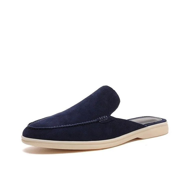 Dark Blue Men's Suede Backless Loafers — Oscar Slip-On Summer Style - Front Detail