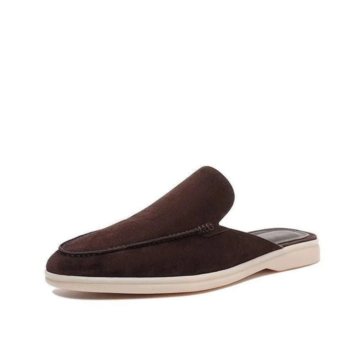 Dark Brown Men's Suede Backless Loafers — Oscar Slip-On Summer Style - Angled View