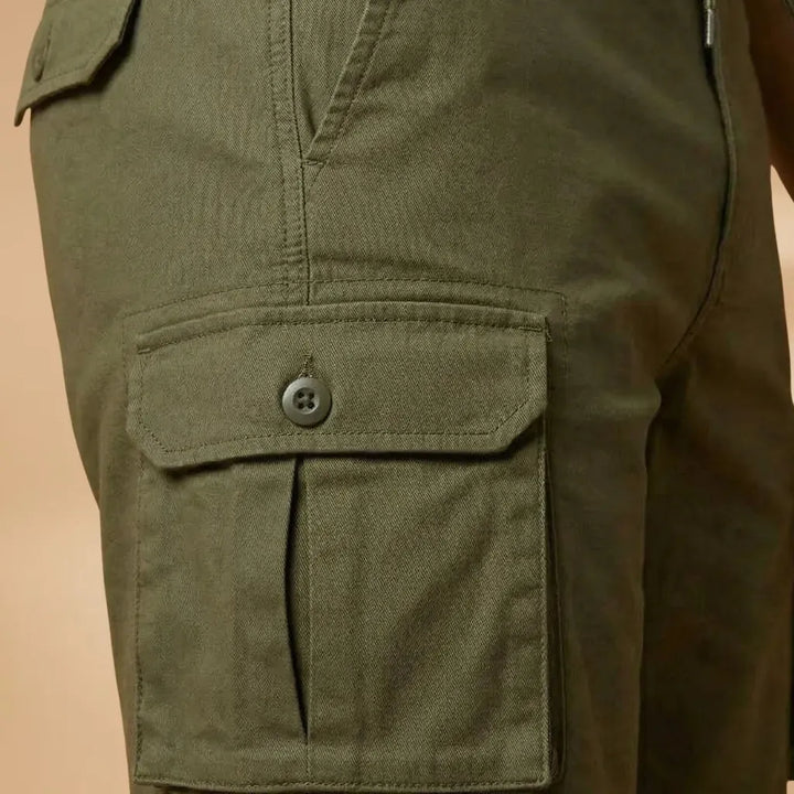 Army Men's Cargo Shorts — Fletcher Drawstring Utility Pockets - Green Cargo Pocket Close Up