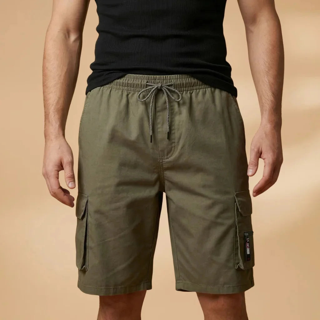 Army Men's Cargo Shorts — Fletcher Drawstring Utility Pockets - Green Front Waist Detail