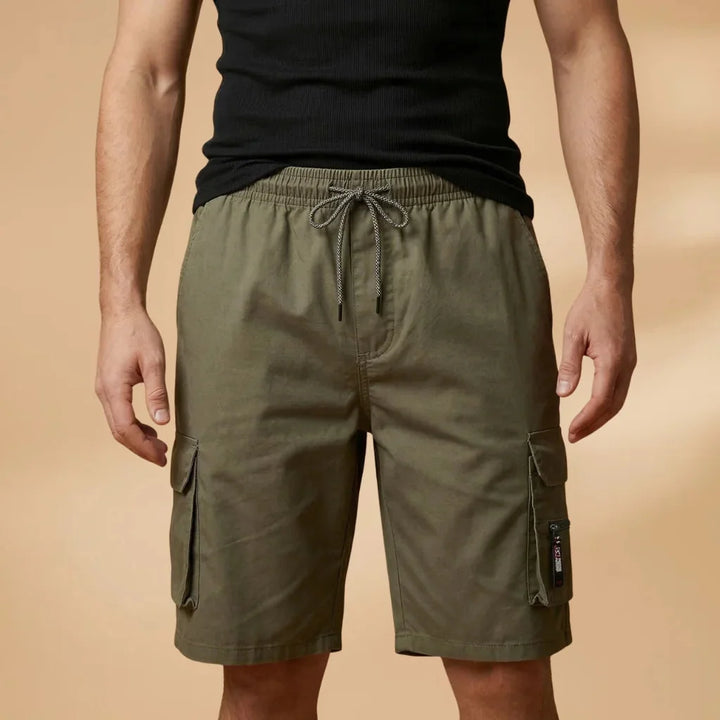 Army Men's Cargo Shorts — Fletcher Drawstring Utility Pockets - Green Front Waist Detail