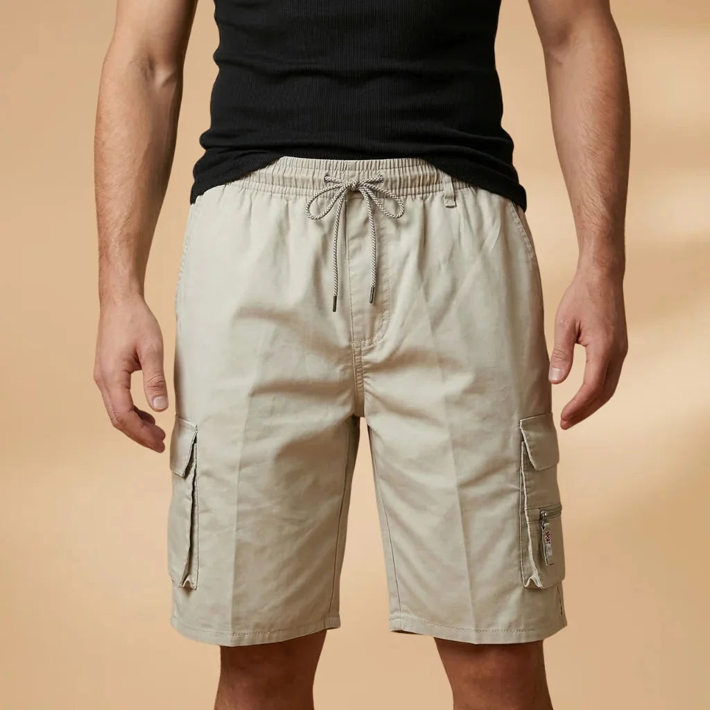 Beige Men's Cargo Shorts — Fletcher Drawstring Utility Pockets - Front Full