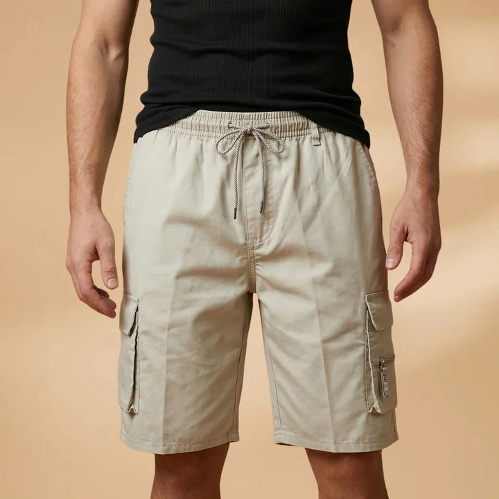 Beige Men's Cargo Shorts — Fletcher Drawstring Utility Pockets - Front Full