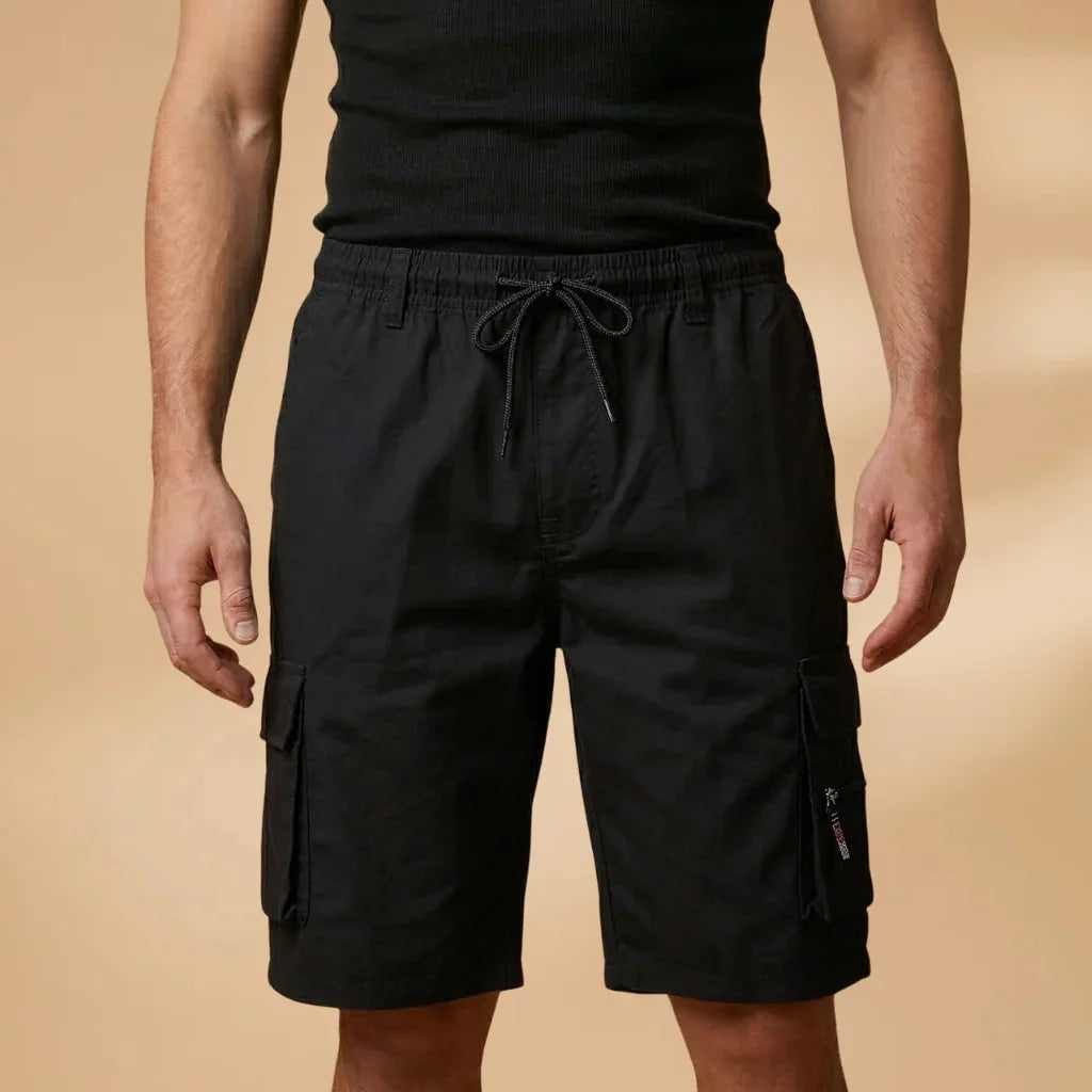 Black Men's Cargo Shorts — Fletcher Drawstring Utility Pockets - Front Full