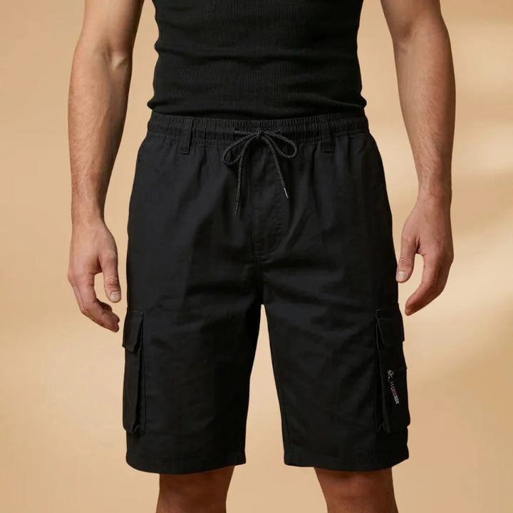 Black Men's Cargo Shorts — Fletcher Drawstring Utility Pockets - Front Full