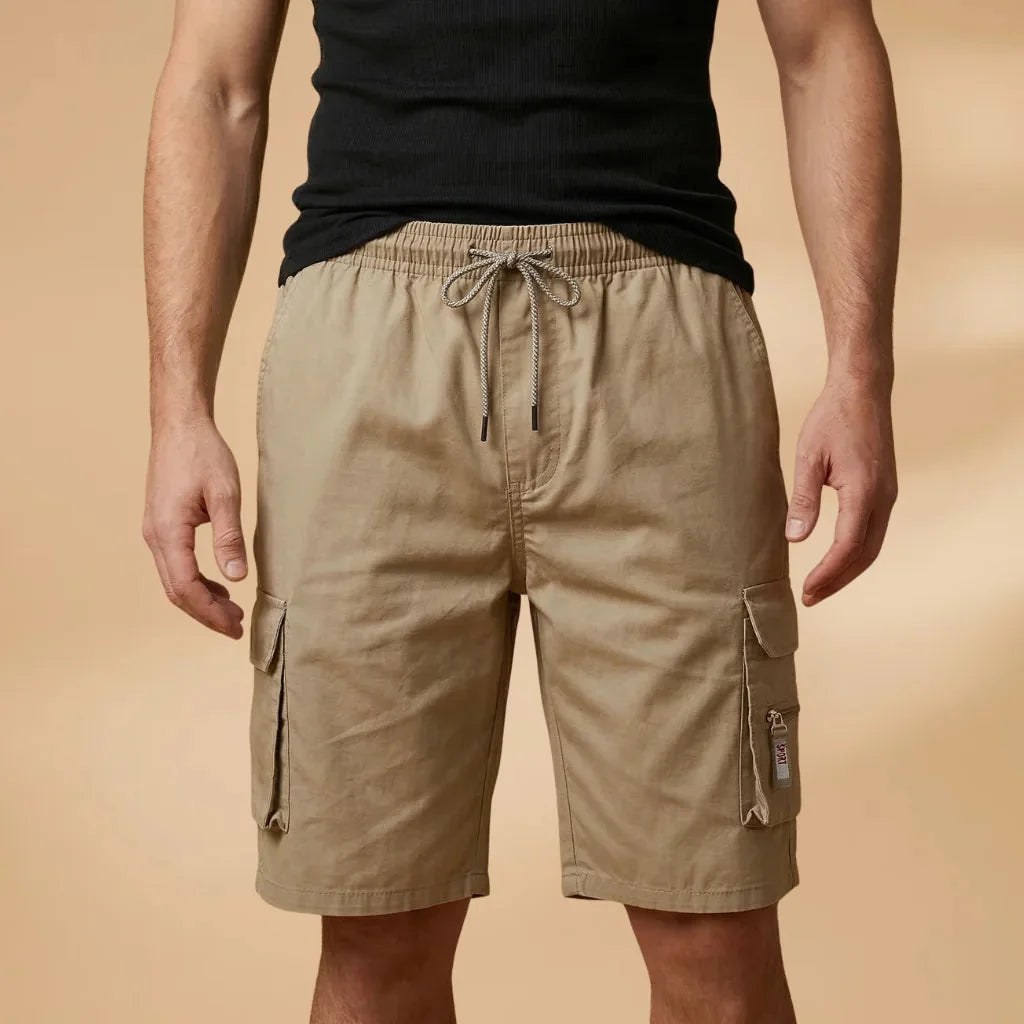 Khaki Men's Cargo Shorts — Fletcher Drawstring Utility Pockets - Front Full