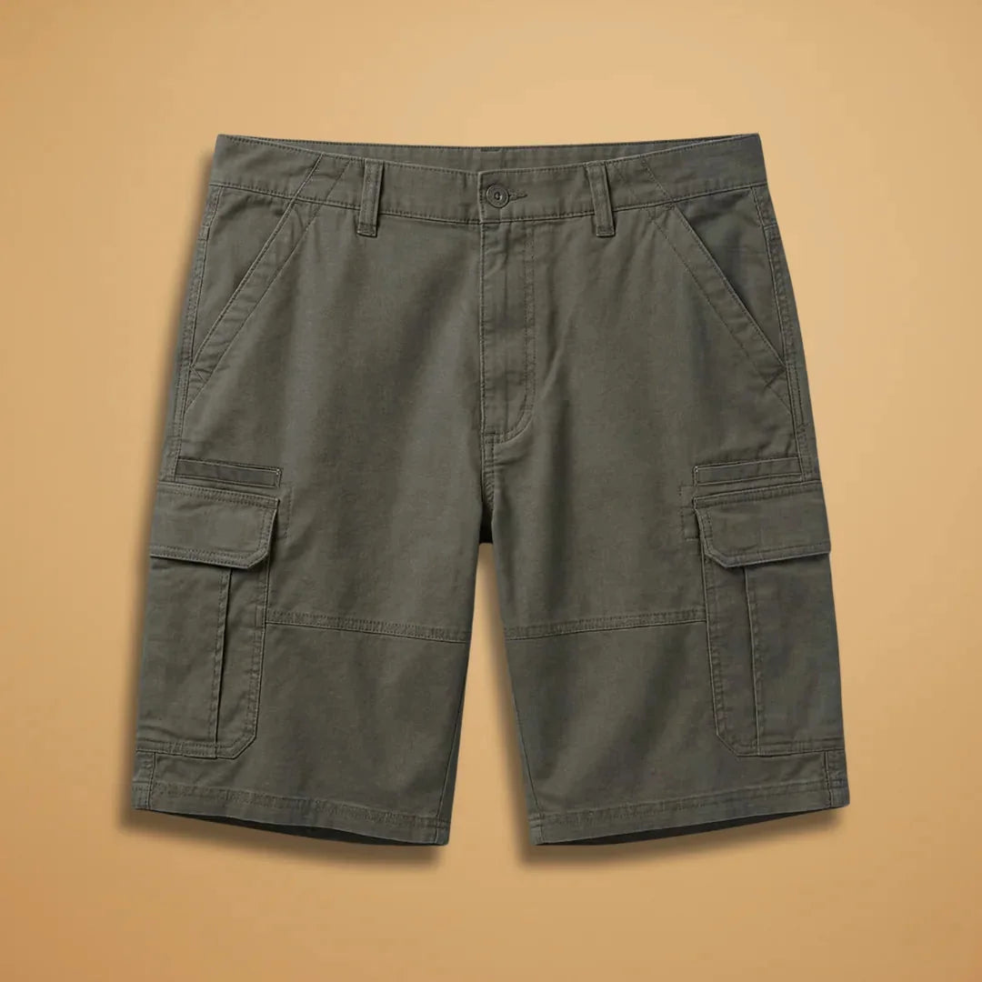 Green Men's Cotton Cargo Shorts with Pockets — Archie Utility Flap Multi - Front Flat Lay