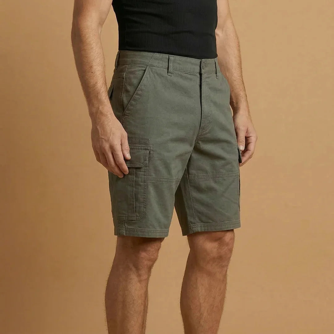 Green Men's Cotton Cargo Shorts with Pockets — Archie Utility Flap Multi - Side Pose