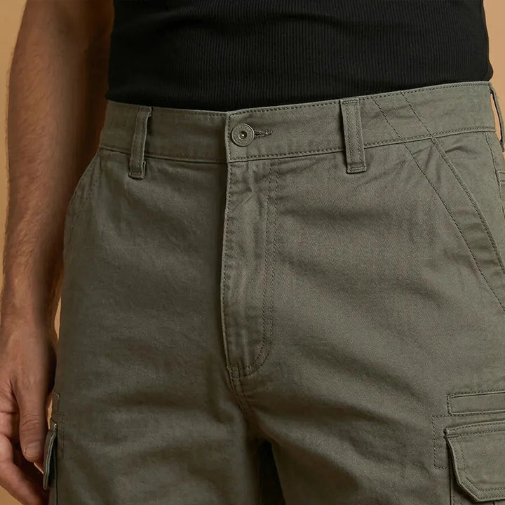 Green Men's Cotton Cargo Shorts with Pockets — Archie Utility Flap Multi - Waist Detail