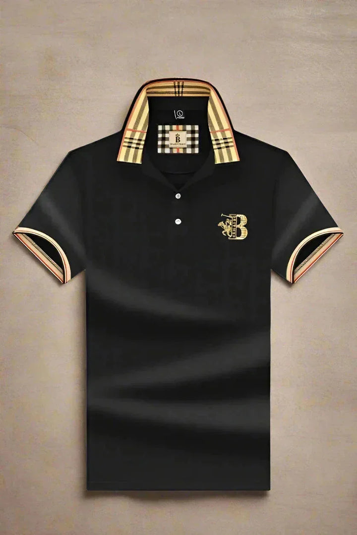 Black Men's Cotton Polo Shirt — Ronan Check Detail Classic Short Sleeve - Brooks Front Studio