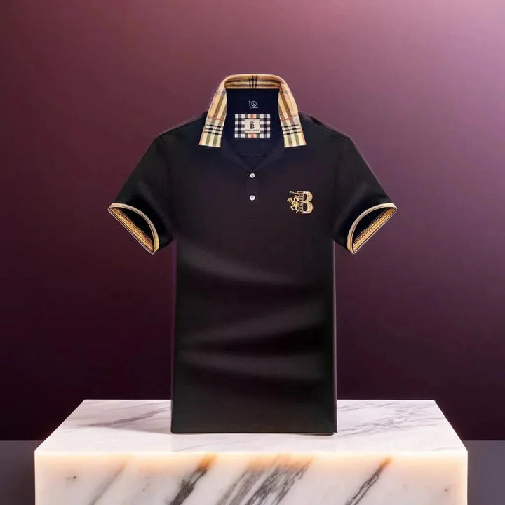 Black Men's Cotton Polo Shirt — Ronan Check Detail Classic Short Sleeve - Brooks Marble Display