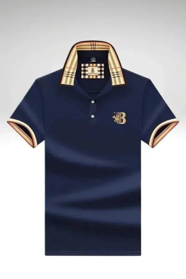 Blue Men's Cotton Polo Shirt — Ronan Check Detail Classic Short Sleeve - Brooks Front Full