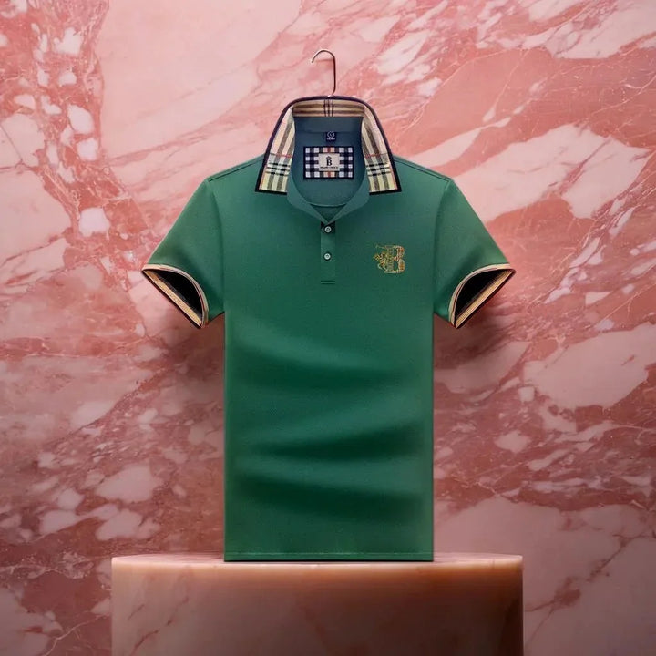 Green Men's Cotton Polo Shirt — Ronan Check Detail Classic Short Sleeve - Brooks Coral Background
