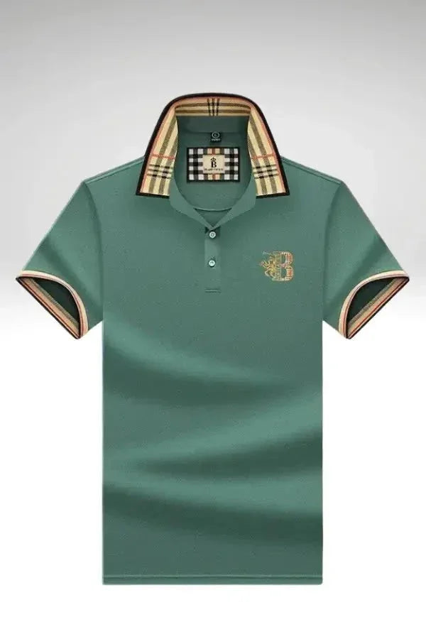 Green Men's Cotton Polo Shirt — Ronan Check Detail Classic Short Sleeve - Brooks Front Pose