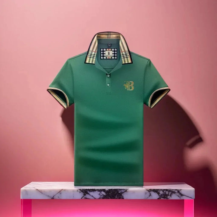 Green Men's Cotton Polo Shirt — Ronan Check Detail Classic Short Sleeve - Brooks Pink Background