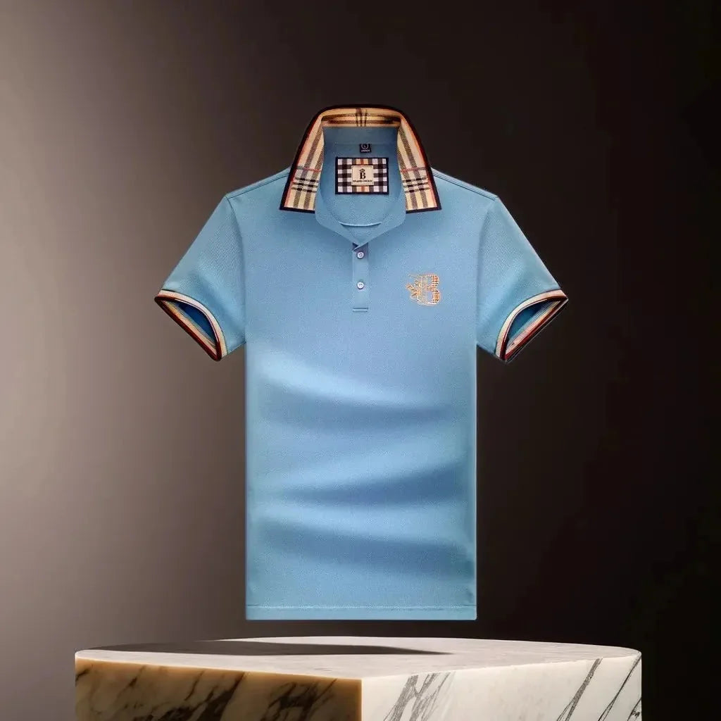 Light Blue Men's Cotton Polo Shirt — Ronan Check Detail Classic Short Sleeve - Brooks Dark Background