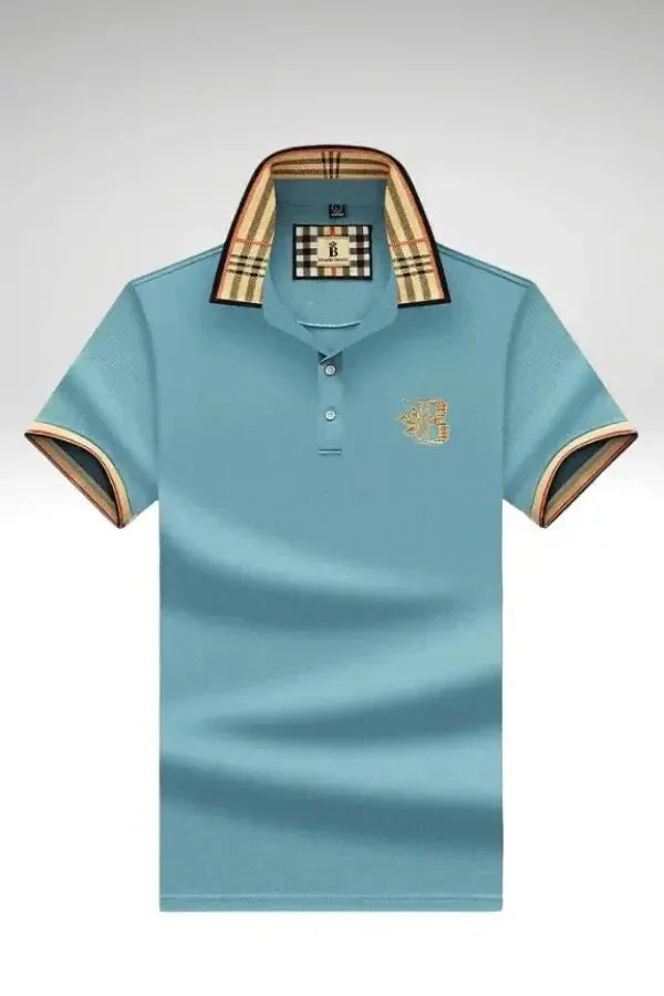 Light Blue Men's Cotton Polo Shirt — Ronan Check Detail Classic Short Sleeve - Brooks Front Centered