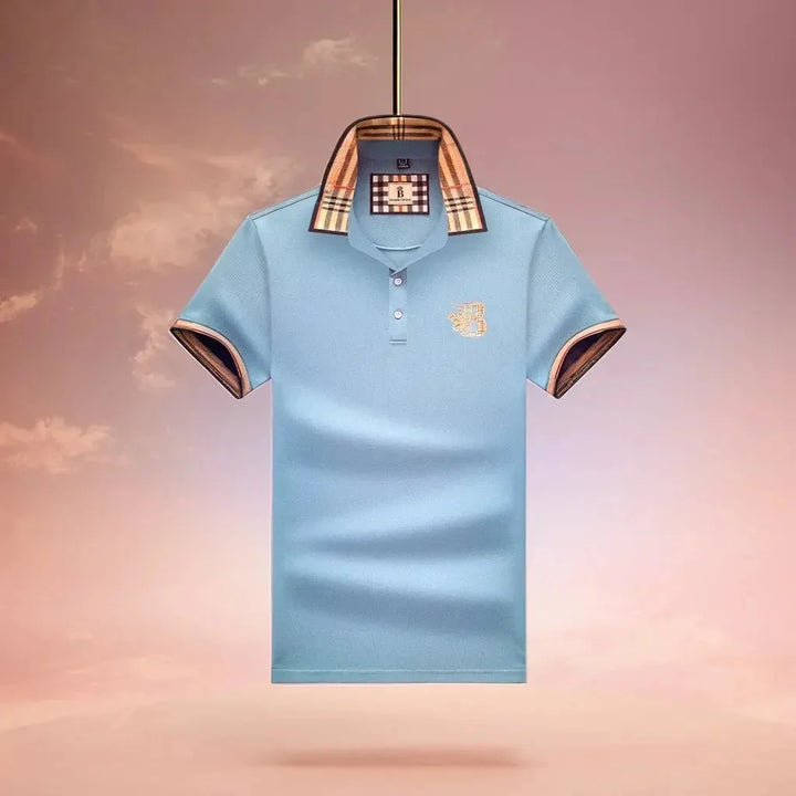 Light Blue Men's Cotton Polo Shirt — Ronan Check Detail Classic Short Sleeve - Brooks Sunset Background