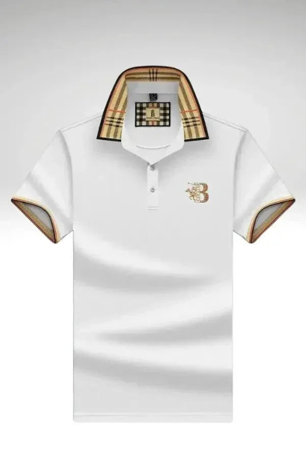 White Men's Cotton Polo Shirt — Ronan Check Detail Classic Short Sleeve - Brooks Front Clean