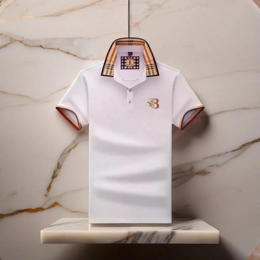 White Men's Cotton Polo Shirt — Ronan Check Detail Classic Short Sleeve - Brooks Marble Surface