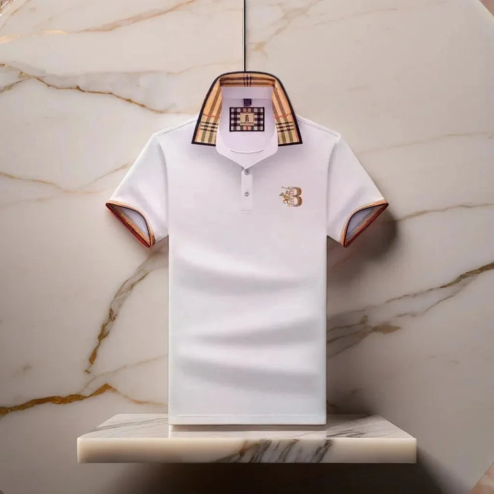 White Men's Cotton Polo Shirt — Ronan Check Detail Classic Short Sleeve - Brooks Marble Surface