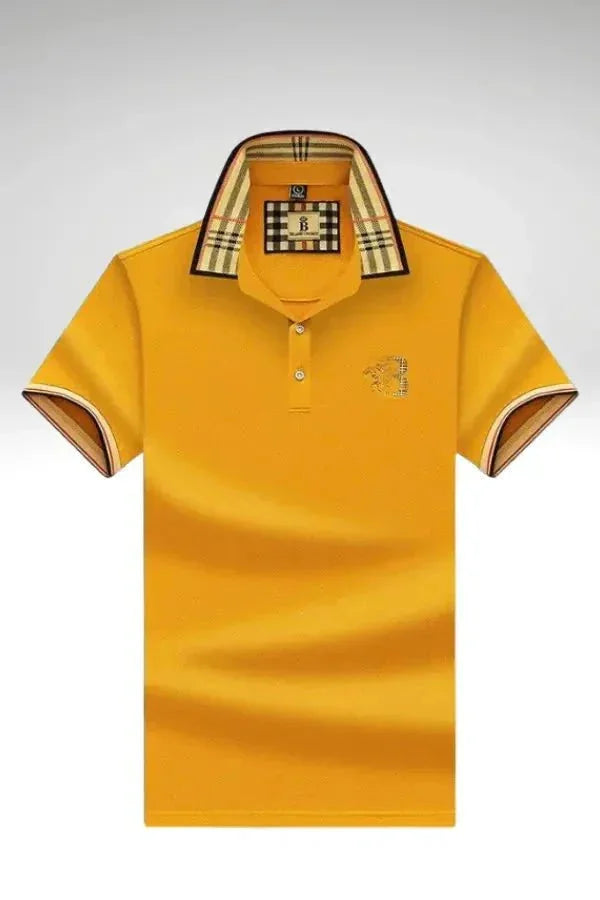 Yellow Men's Cotton Polo Shirt — Ronan Check Detail Classic Short Sleeve - Brooks Front Display