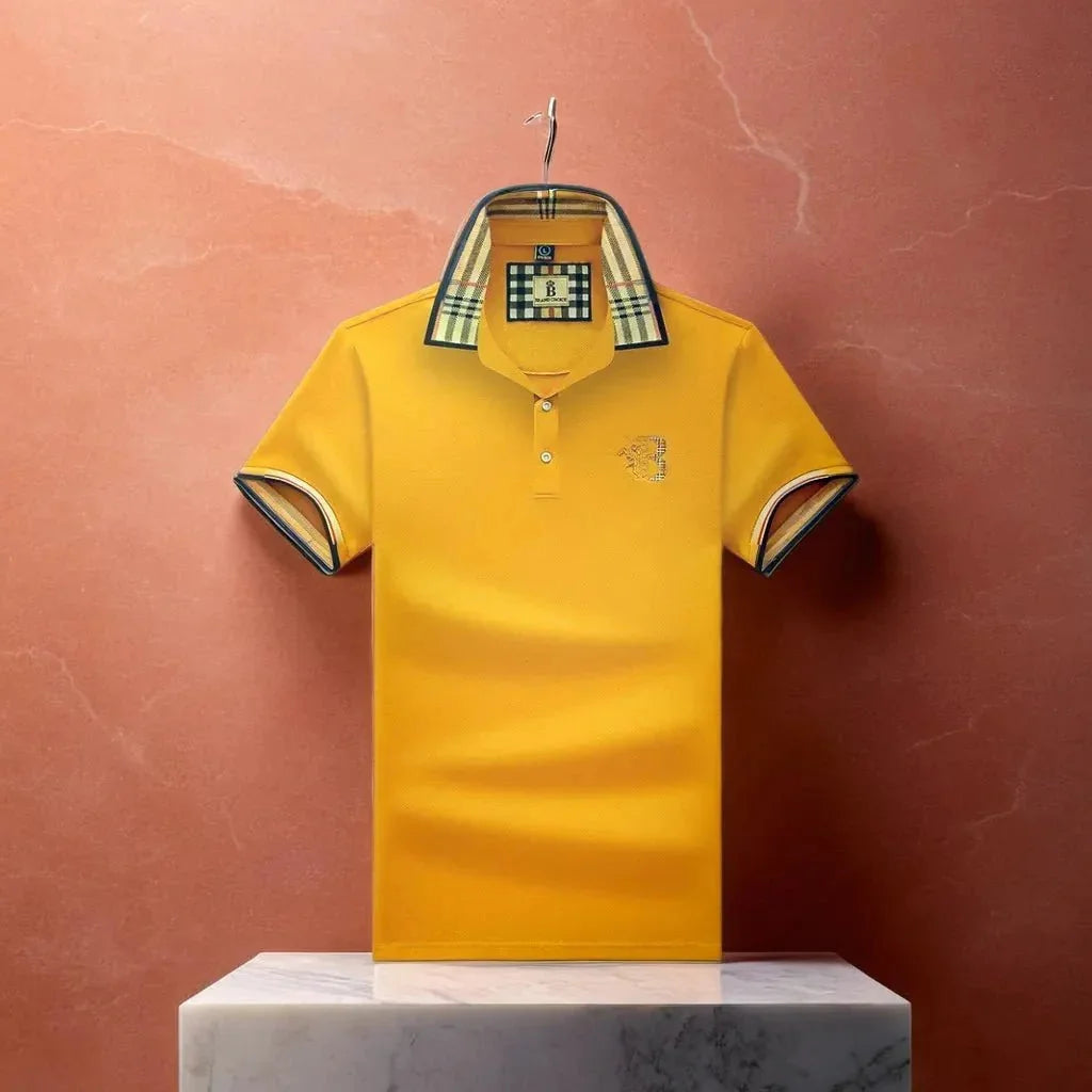 Yellow Men's Cotton Polo Shirt — Ronan Check Detail Classic Short Sleeve - Brooks Hanging Display