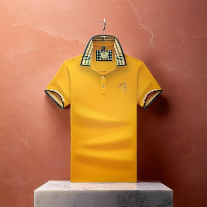 Yellow Men's Cotton Polo Shirt — Ronan Check Detail Classic Short Sleeve - Brooks Hanging Display