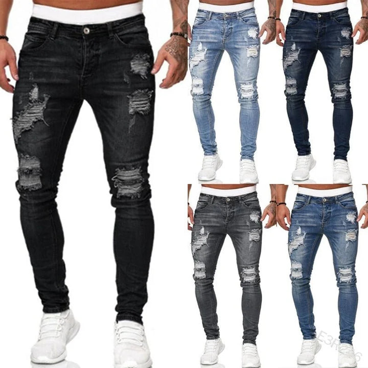 Black Men's Distressed Skinny Jeans — August Ripped Denim Stretch - Color Variants