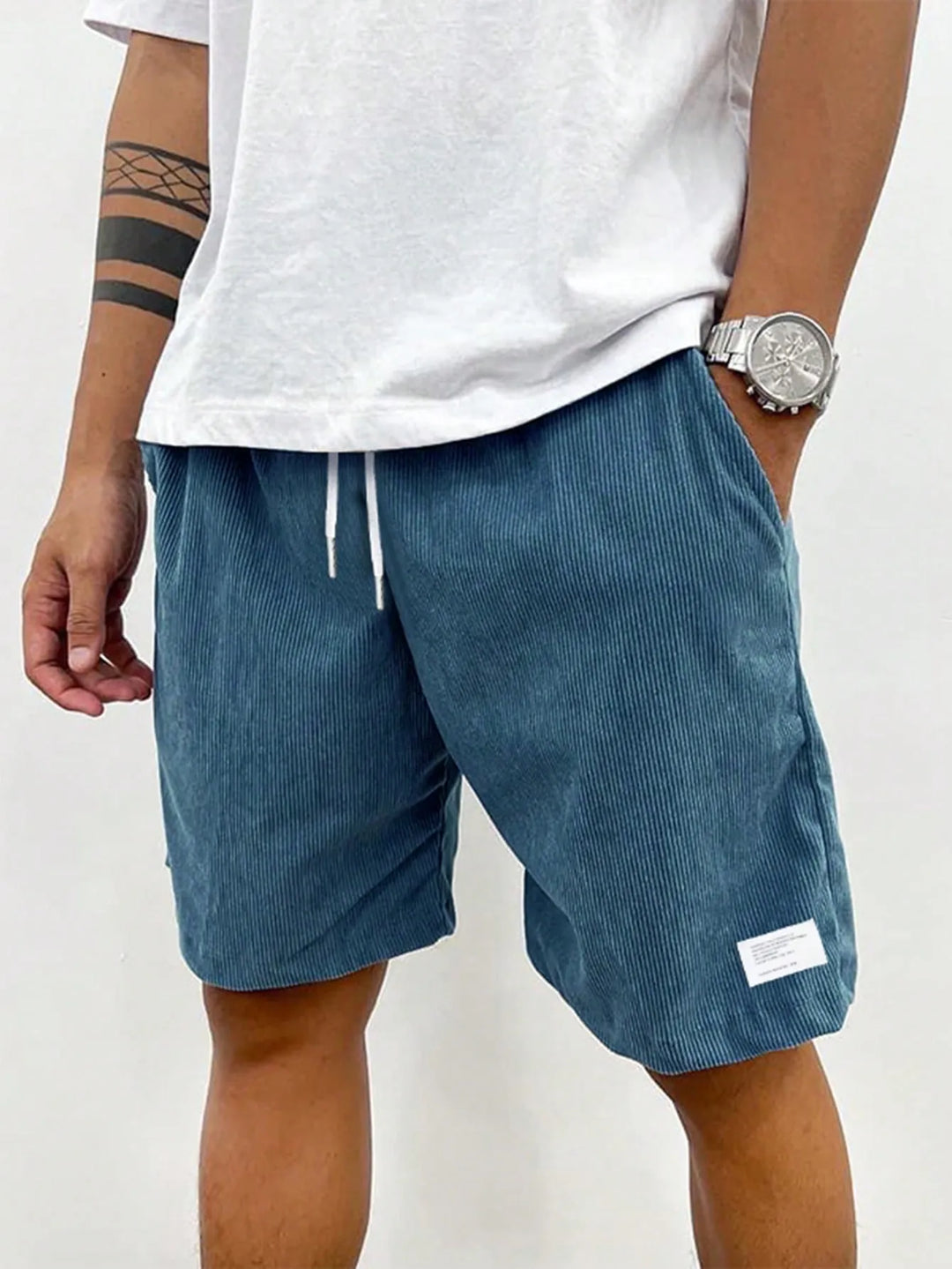Blue Men's Drawstring Summer Shorts — Beckett Corduroy Casual Elastic Waist - Front Pose