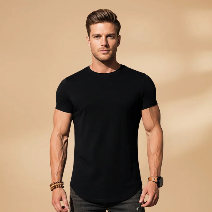 Black Men's Fitted Workout T-Shirt — Nathan Short Sleeve Athletic - Front Full