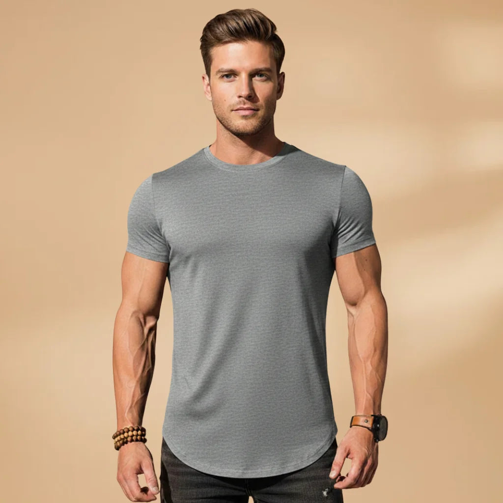 Grey Men's Fitted Workout T-Shirt — Nathan Short Sleeve Athletic - Front Studio