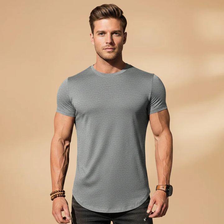 Grey Men's Fitted Workout T-Shirt — Nathan Short Sleeve Athletic - Front Studio