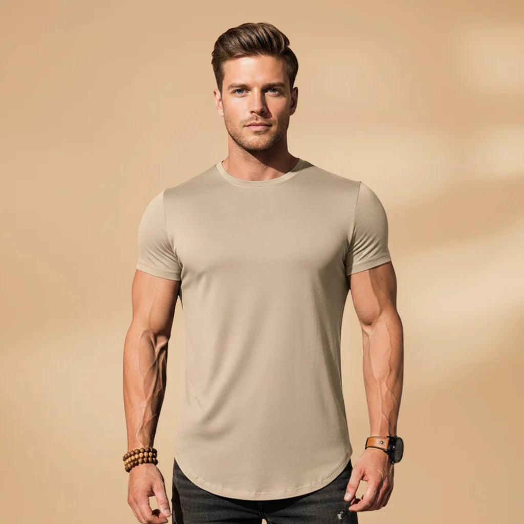 Khaki Men's Fitted Workout T-Shirt — Nathan Short Sleeve Athletic - Model Pose
