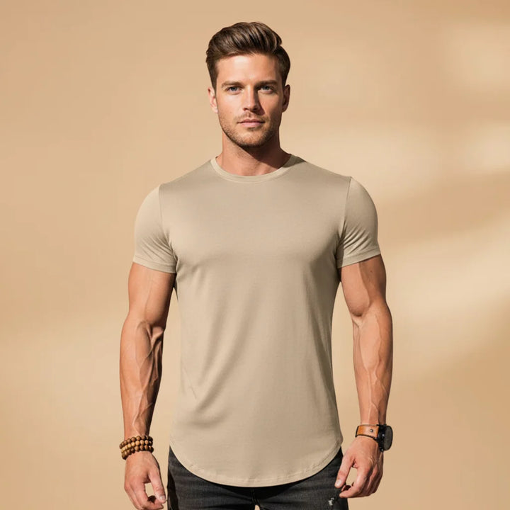 Khaki Men's Fitted Workout T-Shirt — Nathan Short Sleeve Athletic - Model Pose