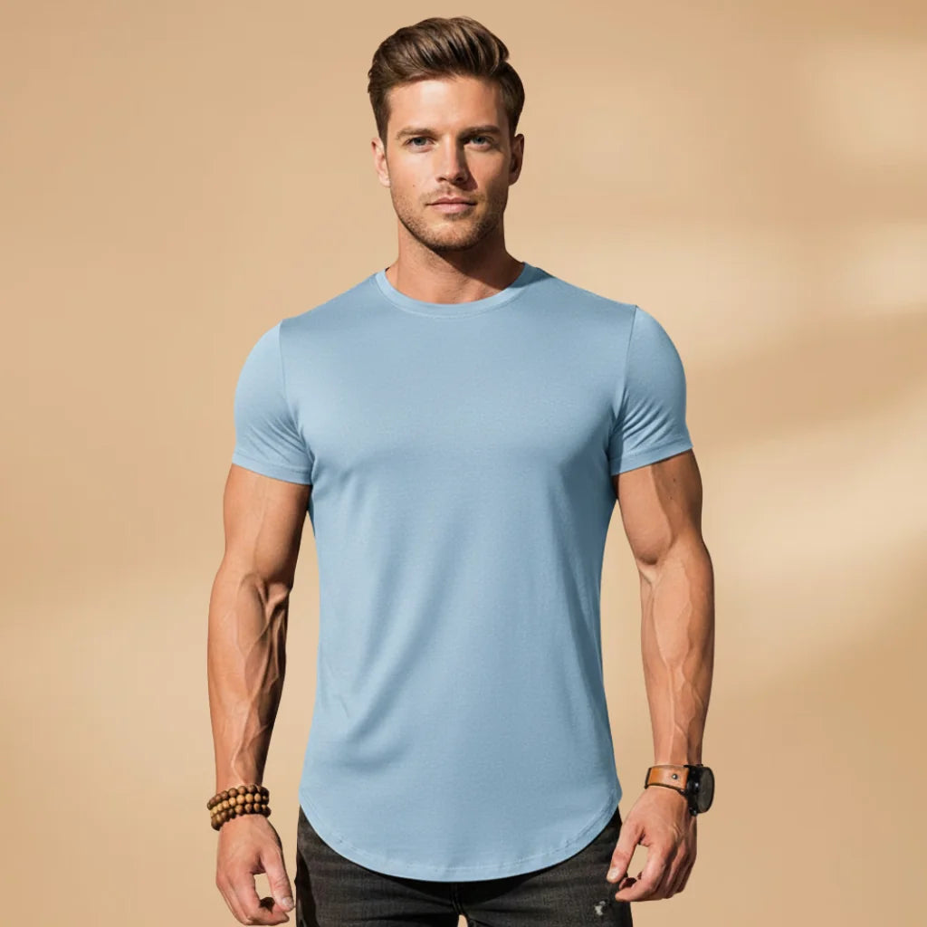 Light Blue Men's Fitted Workout T-Shirt — Nathan Short Sleeve Athletic - Athletic Stance