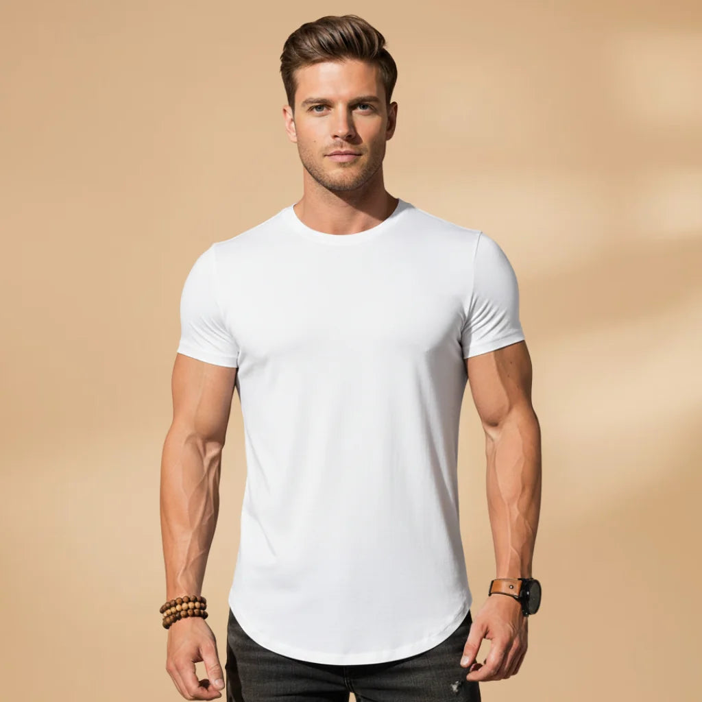 White Men's Fitted Workout T-Shirt — Nathan Short Sleeve Athletic - Lifestyle Front