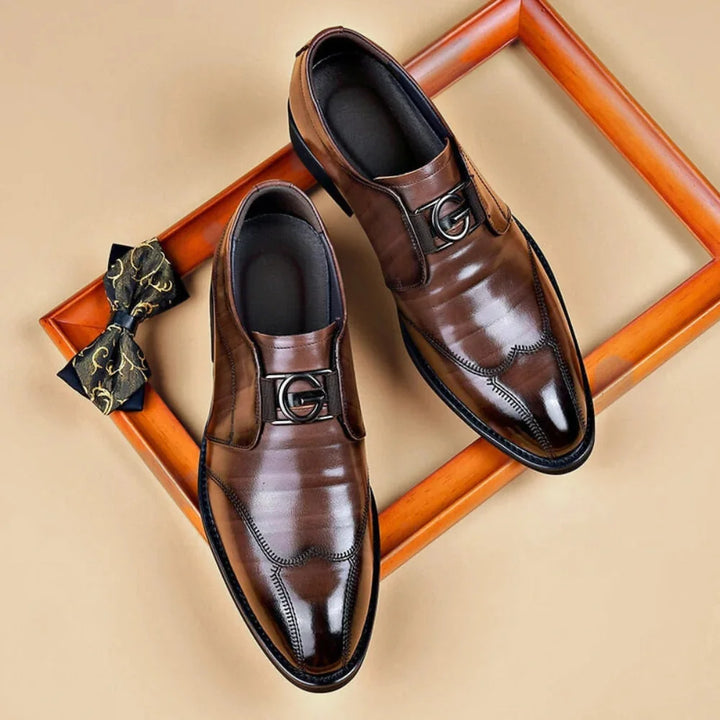 Brown Men's Leather Monk Strap Dress Shoes — George Oxford Business - Front Full