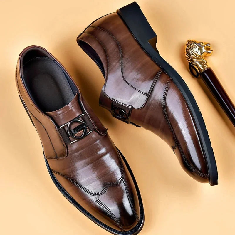 Brown Men's Leather Monk Strap Dress Shoes — George Oxford Business - Side Pose