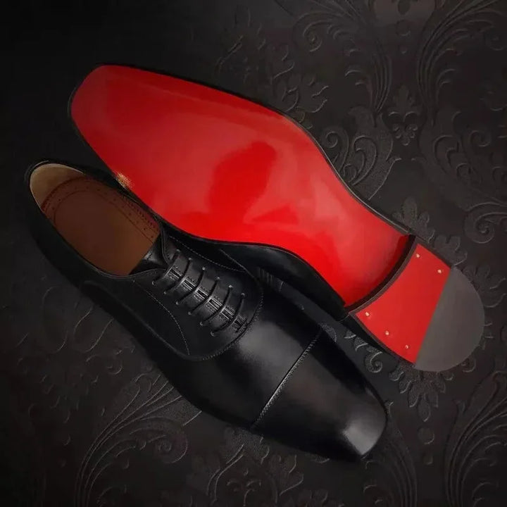 Black Men's Leather Oxford Shoes — Miles Cap Toe Professional Lace-Up - Artistic Pose