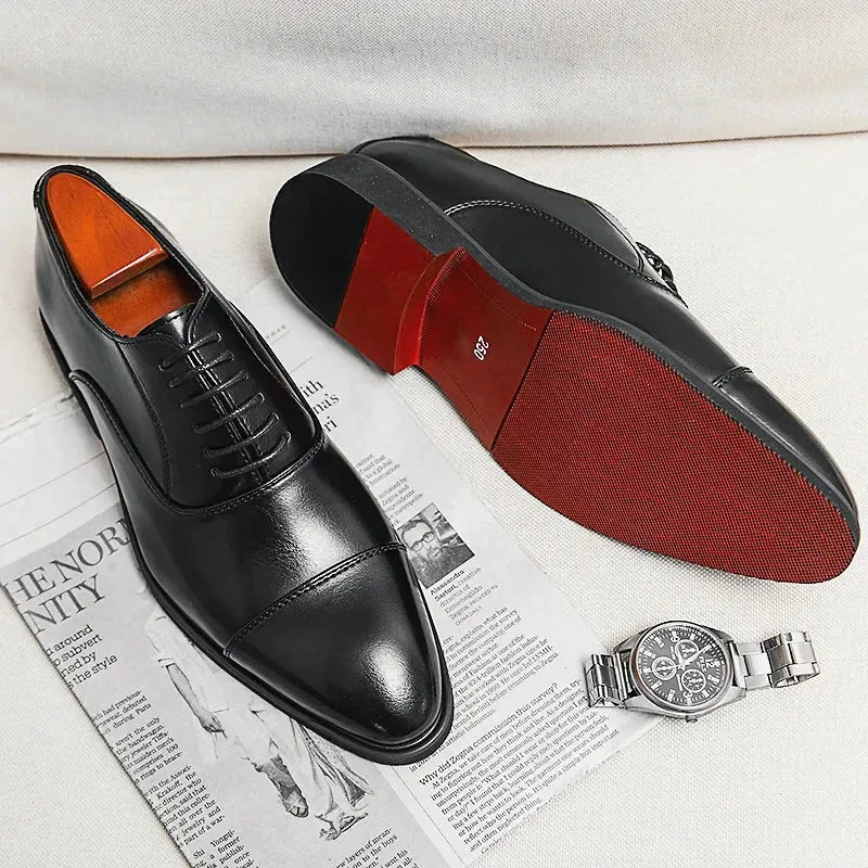 Black Men's Leather Oxford Shoes — Miles Cap Toe Professional Lace-Up - Flat Lay