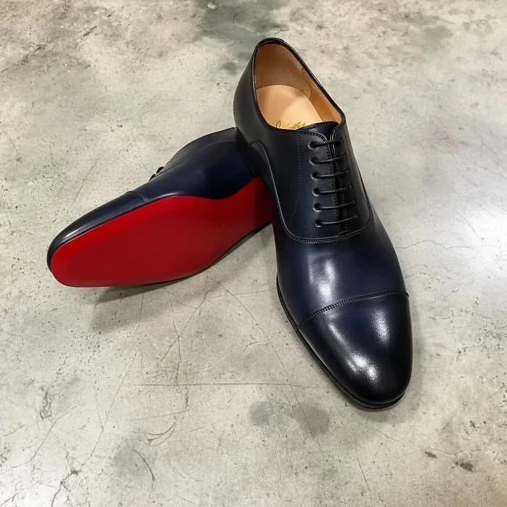 Black Men's Leather Oxford Shoes — Miles Cap Toe Professional Lace-Up - Red Sole Detail