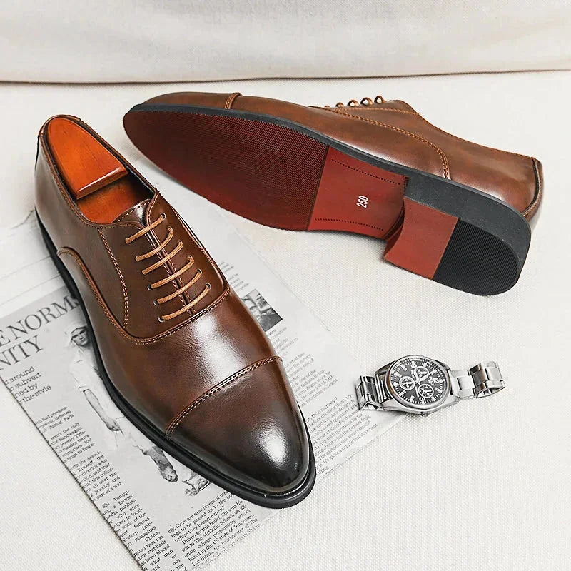 Brown Men's Leather Oxford Shoes — Miles Cap Toe Professional Lace-Up - Studio White
