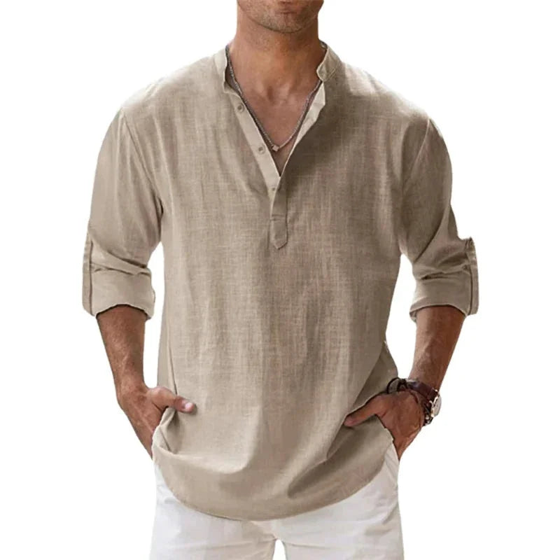 Beige Men's Linen Henley Summer Shirt — Eli Relaxed Fit V-Neck - Front Full