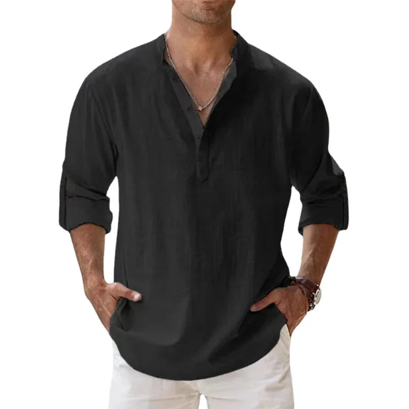 Black Men's Linen Henley Summer Shirt — Eli Relaxed Fit V-Neck - Confident Pose