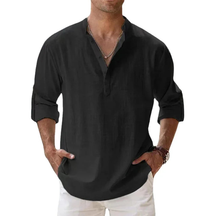 Black Men's Linen Henley Summer Shirt — Eli Relaxed Fit V-Neck - Confident Pose