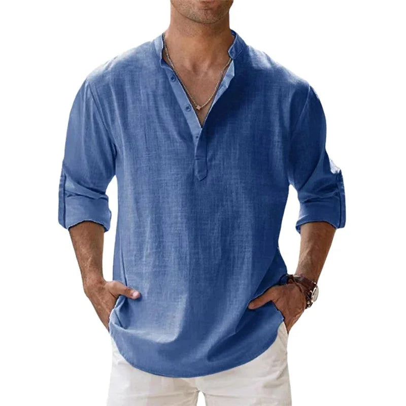 Blue Men's Linen Henley Summer Shirt — Eli Relaxed Fit V-Neck - Front Pose