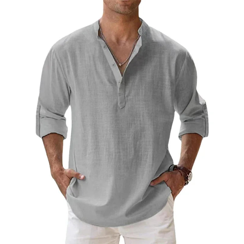 Grey Men's Linen Henley Summer Shirt — Eli Relaxed Fit V-Neck - Three Quarter View