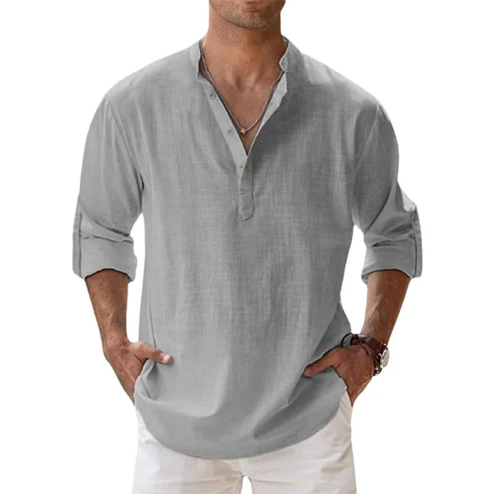 Grey Men's Linen Henley Summer Shirt — Eli Relaxed Fit V-Neck - Three Quarter View